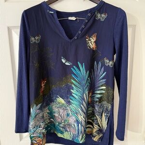 Navy Botanical Long Sleeve Top